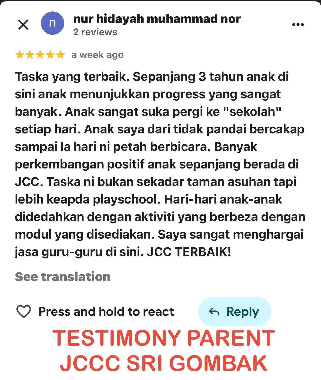 Testimoni ibu bapa mengenai perkembangan anak di JCCC Sri Gombak