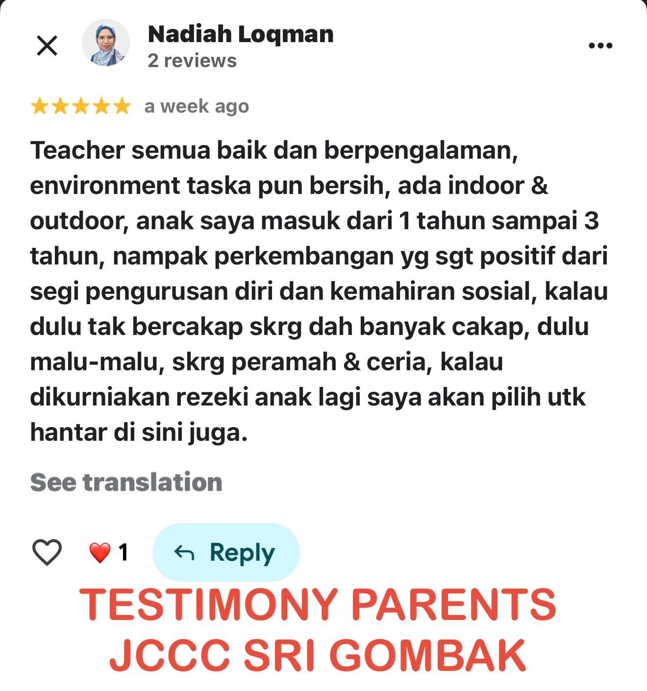 Ulasan ibu bapa tentang guru dan persekitaran JCCC Sri Gombak