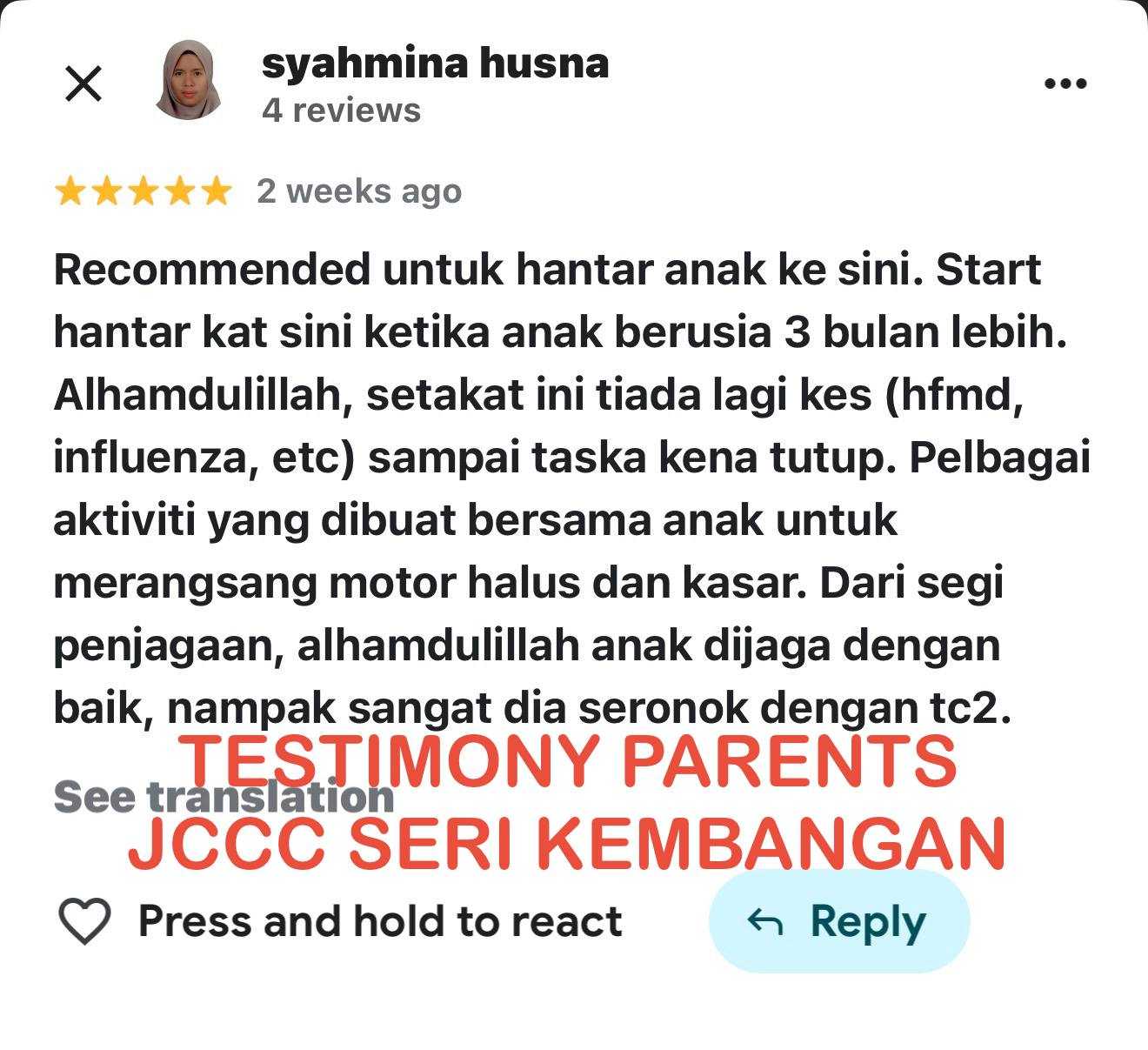Pengalaman ibu bapa bersama JCCC Seri Kembangan