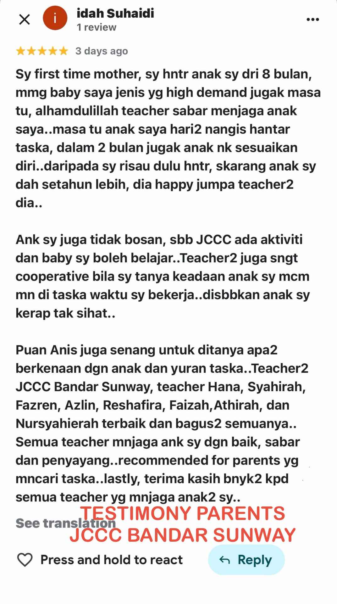 Ulasan ibu bapa mengenai penjagaan di JCCC Bandar Sunway