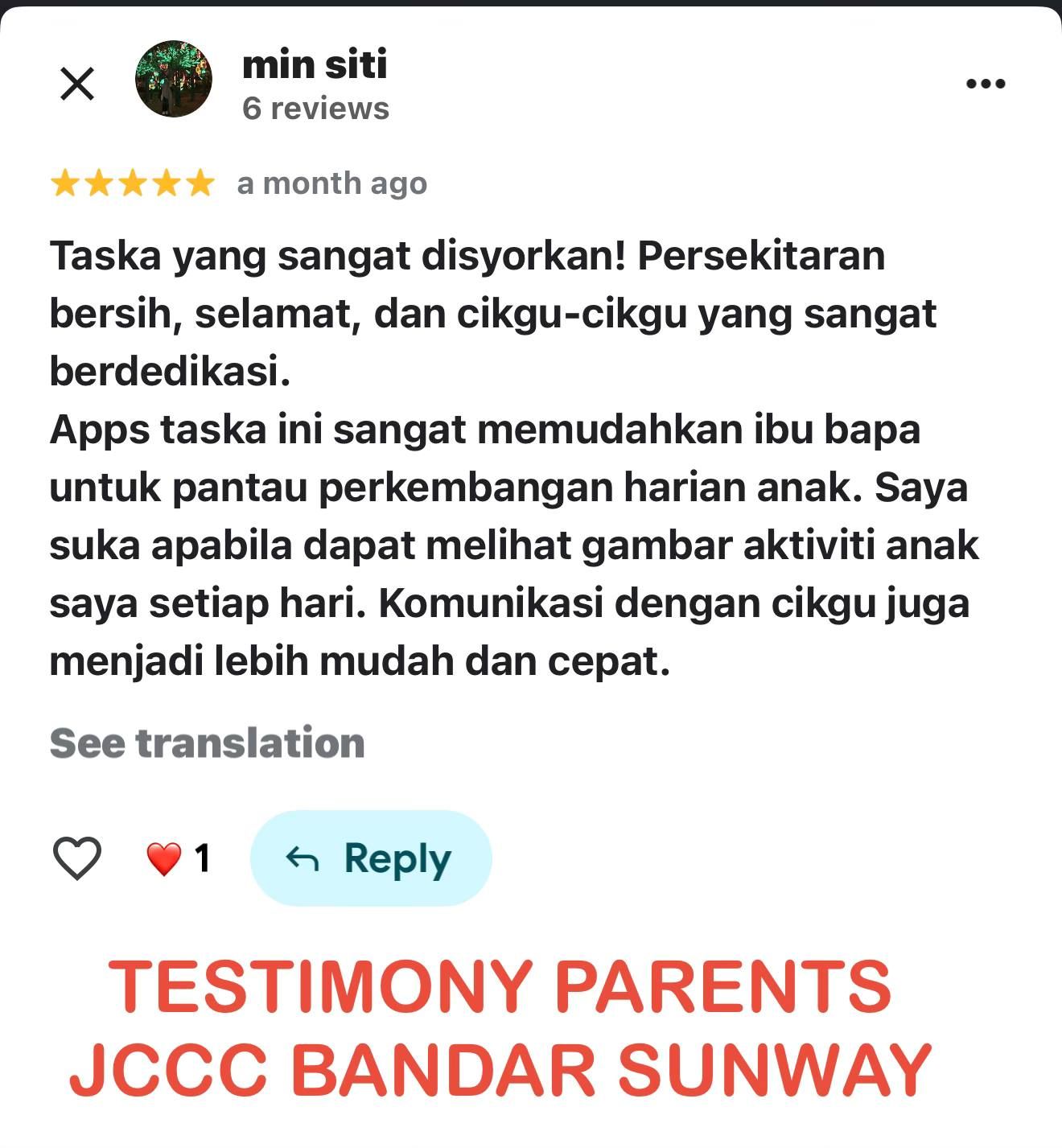 Testimoni ibu bapa tentang keselamatan dan komunikasi JCCC Bandar Sunway